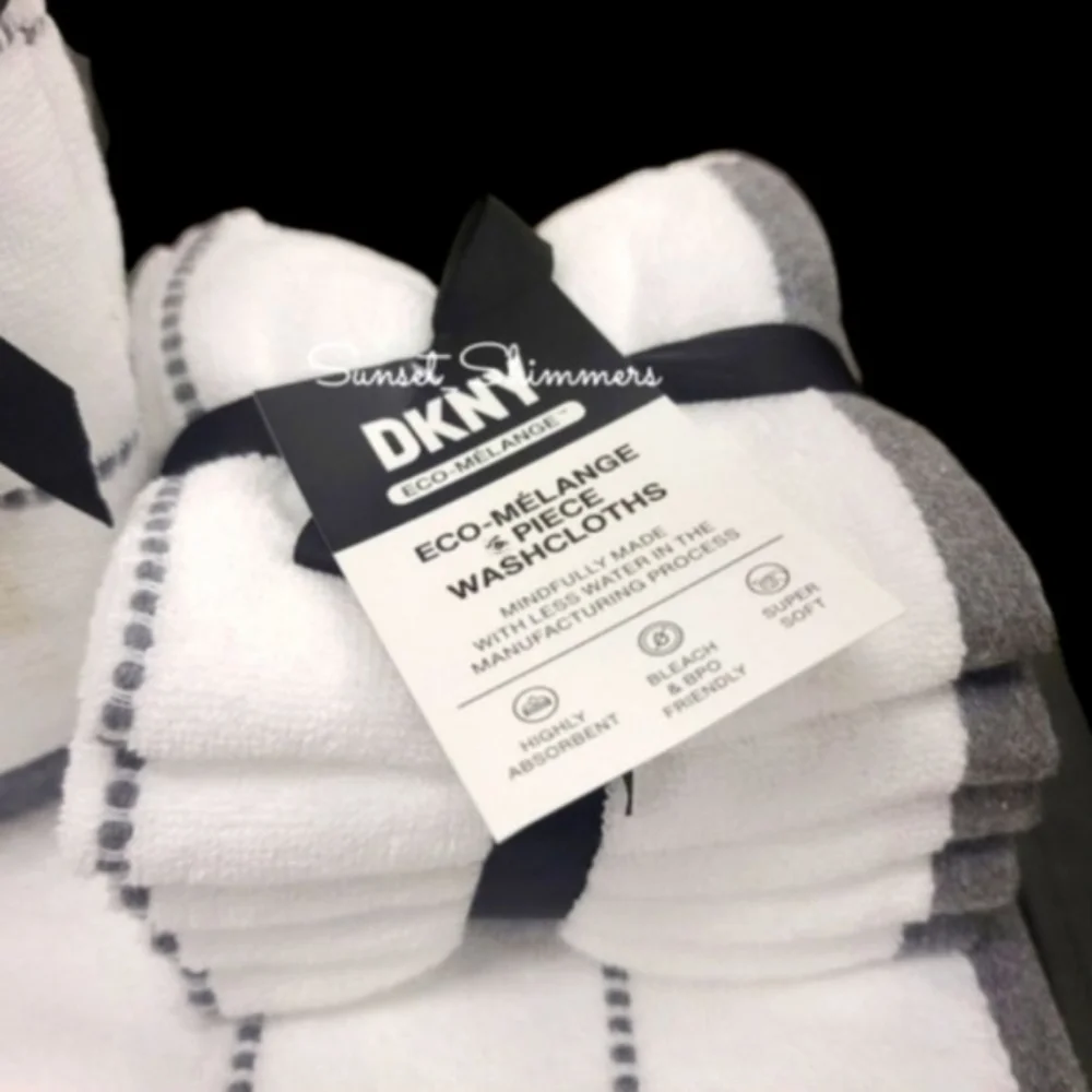 8pc DKNY White Dark Gray Dot Pin Stripe Bath / Hand / Washcloth Towel Set New